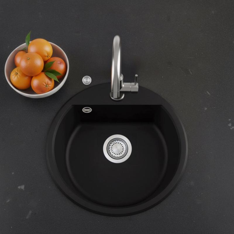 GraniteMy Bremen chiuveta rotundă din granit de 43 cm, negru, montare superioară și inferioară, cu bancă de găuri pentru robinet și dop automat din inox 1208971840