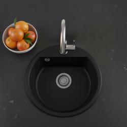 GraniteMy Bremen chiuvetă rotundă de granit de 43 cm negru, montare deasupra și dedesubt, cu gaura pentru robinet și dop metalic 1208971842