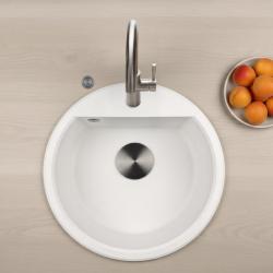 GraniteMy Bremen chiuvetă rotundă din granit de 43 cm albă, montare deasupra și dedesubt, cu orificiu pentru robinet și dop automat de metal înțepenit 1208971849