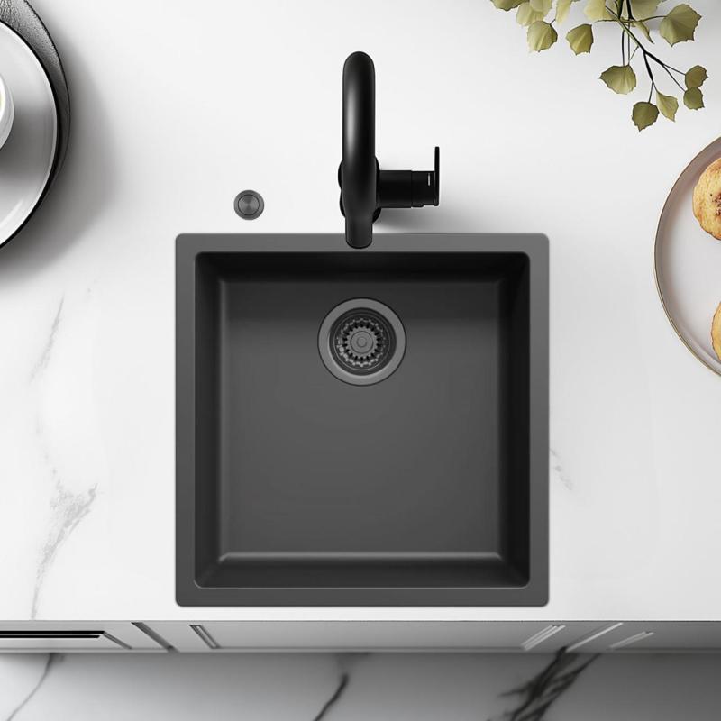 Chiuveta Ausmann Fibre neagră 40x40cm pentru montaj sub blat, suprafață și încastrabilă, cu dop automat din metal gri închis 1208971854