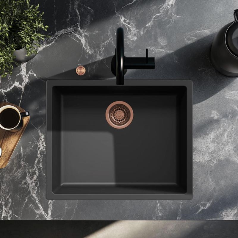 Chiuveta neagră Ausmann Fibre de 50x40cm pentru montare sub blat, pe blat și la nivel cu blatul, cu dop automat de cupru 1208971858