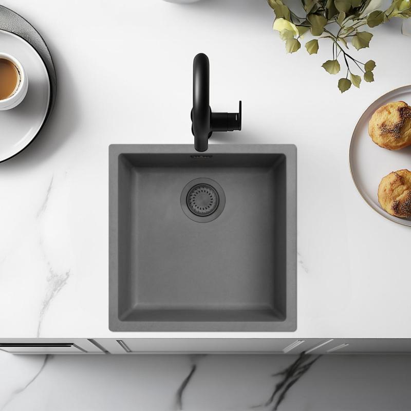 Ausmann Fibre chiuveta din beton gri 40x40cm pentru montare sub blat, suprafață și încorporată cu dop metalic gri închis 1208971882