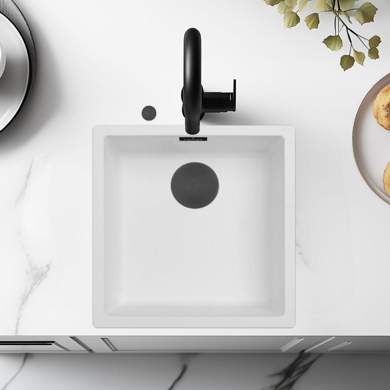 Chiuveta albă Ausmann Fibre 40x40cm pentru montare sub blat, suprafață și încorporată, cu dop negru automat 1208971892