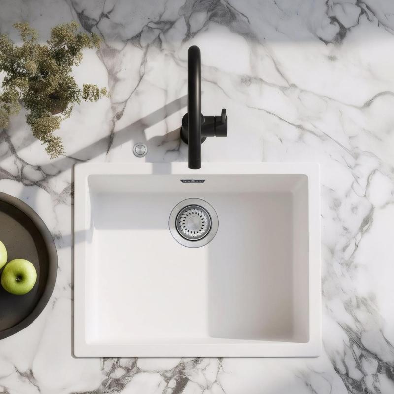 Chiuveta albă Ausmann Fibre 50x40cm pentru montare sub blat, pe blat și la nivel cu blatul cu dop automat din oțel inoxidabil 1208971898