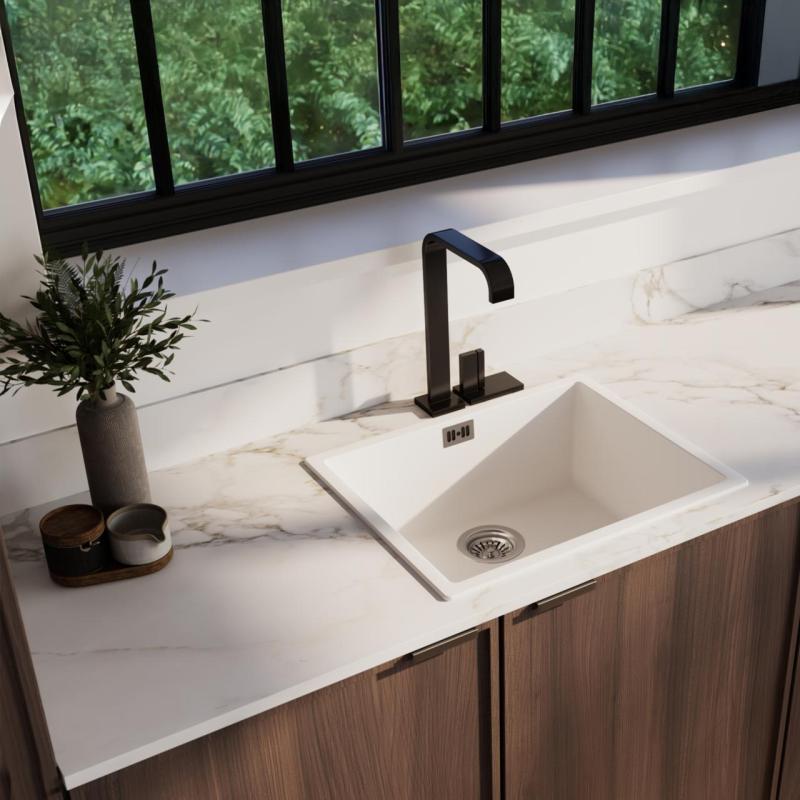 Chiuveta albă Ausmann Fibre 50x40cm pentru montare sub blat, pe blat și la nivel cu blatul cu dop automat din oțel inoxidabil 1208971898