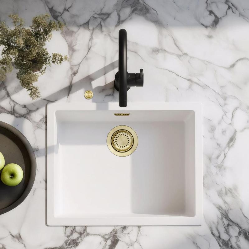 Chiuveta albă Ausmann Fibre de 50x40cm pentru montare sub blat, pe blat și la nivel cu blatul, cu dop automat auriu 1208971901