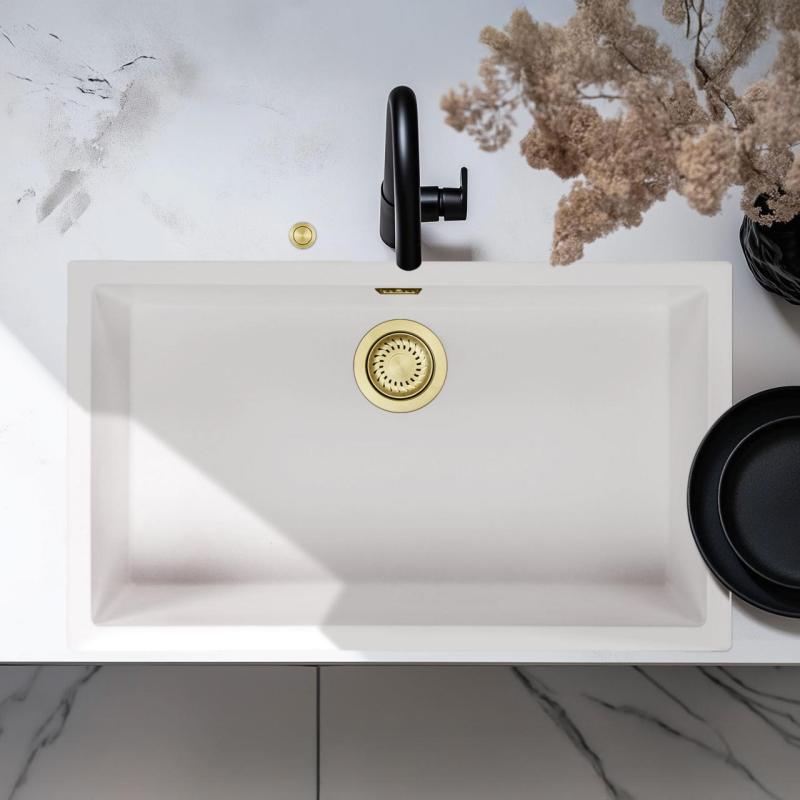 Ausmann Fibre albă chiuvetă mare 70x40cm pentru montare sub blat, suprafață și încorporată cu dop automat auriu 1208971907