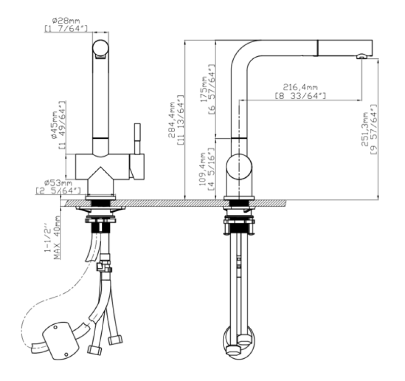 Pure.Sink Elite Steel Pulse-S baterie de bucătărie din oțel inoxidabil cu gură de scurgere extensibilă și mod de pulverizare PS8500-02