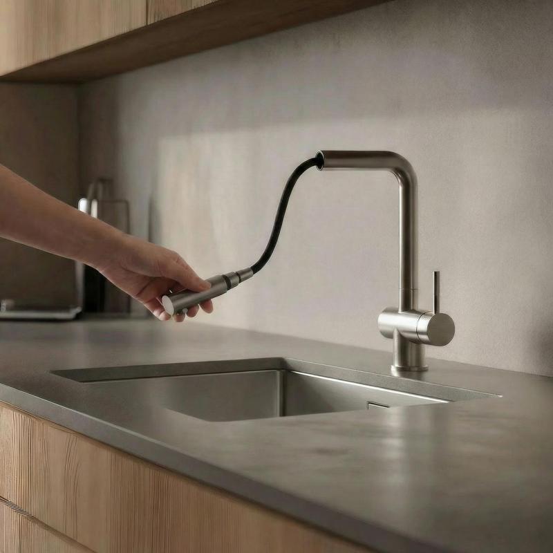 Pure.Sink Elite Steel Pulse-S baterie de bucătărie din oțel inoxidabil cu gură de scurgere extensibilă și mod de pulverizare PS8500-02