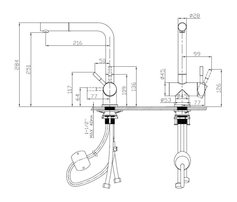 Baterie de bucătărie Pure.Sink Elite Steel Pulse-S din oțel inoxidabil periat cu aur PVD, cu gură de scurgere retractabilă și mod de pulverizare PS8500-60