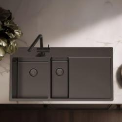 Pure.Sink Exclusivo Chiuvetă din metal de culoare gri metalizat, cu scurgere, 100 x 52 cm, robinet cu manetă stânga PEX3418100LT-61