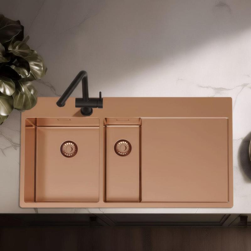 Pure.Sink Exclusivo Chiuvetă din cupru de 1,5  metri cu zonă de scurgere 100x52 cm Robinet cu manetă stânga PEX3418100LT-62