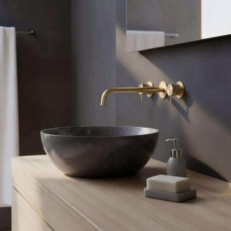 Waterevolution Flow Robinet de chiuvetă încastrat cu 3 găuri PVD Aur alb cu gura de scurgere de 25 cm T1163FWGE-25