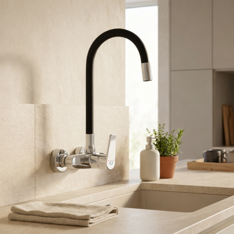 Aquanello Casa Robinet de bucătărie de perete cromat cu gura de scurgere flexibilă înaltă CR-1301-CS