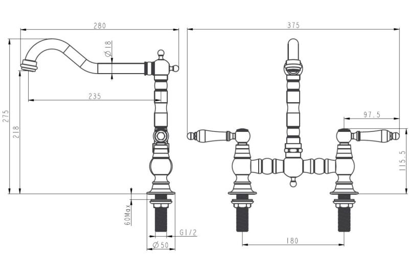 Aquanello Heritage Manor Baterie de bucătărie clasică, în stil retro, cu manetă albă, model BL-0010-HM