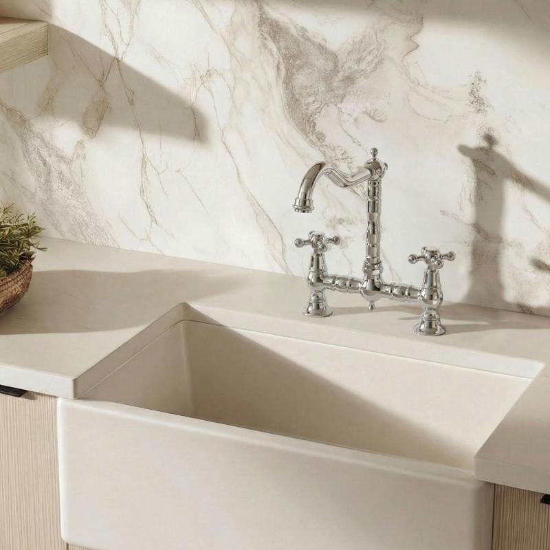 Aquanello Heritage Ascot Baterie de bucătărie clasică, în stil nostalgic, cu mâner în formă de cruce, cromată, model CR-4001-HA