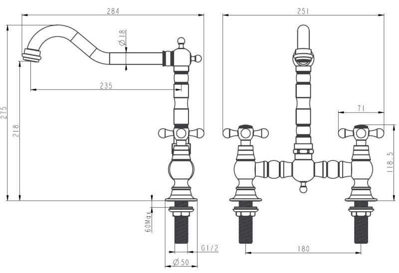 Aquanello Heritage Ascot Baterie de bucătărie clasică, în stil retro, cu mâner în formă de cruce, negru, model BL-4001-HA