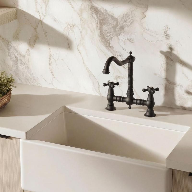 Aquanello Heritage Ascot Baterie de bucătărie clasică, în stil retro, cu mâner în formă de cruce, negru, model BL-4001-HA