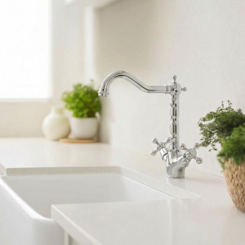 Aquanello Heritage Ascot Baterie de bucătărie clasică, în stil nostalgic, cromată, cu gura de scurgere în unghi CR-4002-HA