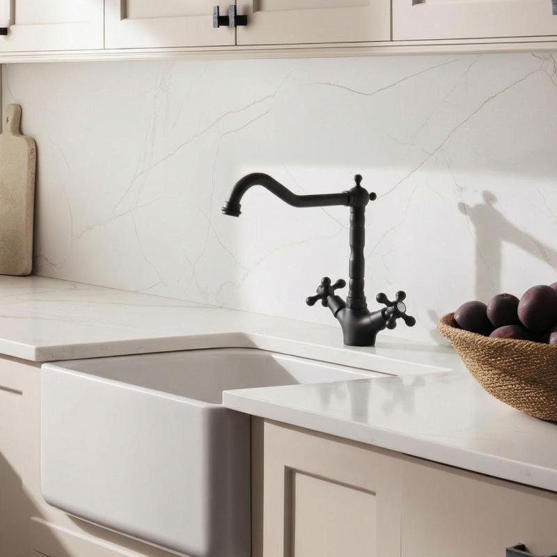 Aquanello Heritage Ascot Baterie de bucătărie clasică, în stil nostalgic, negru, cu gura de scurgere în unghi BL-4002-HA