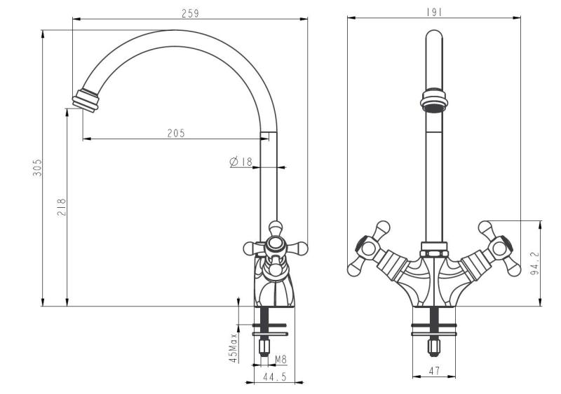 Aquanello Heritage Ascot Baterie de bucătărie clasică, în stil nostalgic, negru, cu gura de scurgere rotundă BL-4003-HA