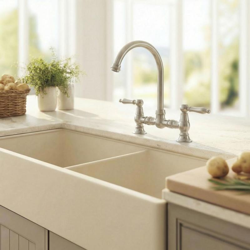 Aquanello Heritage Manor Robinet de bucătărie clasic, în stil nostalgic, cu manetă albă și gura de scurgere rotundă, crom, model CR-0011-HM