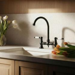 Aquanello Heritage Manor Robinet de bucătărie clasic, în stil nostalgic, cu manetă albă și gura de scurgere rotundă, negru BL-0011-HM