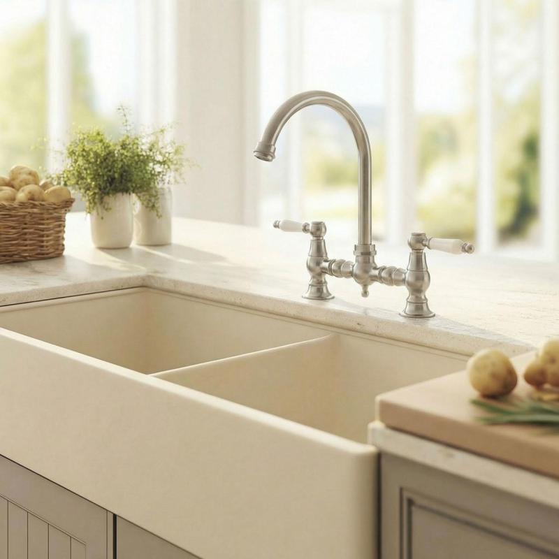 Aquanello Heritage Manor Bucătărie clasică Robinet de bucătărie nostalgic din oțel inoxidabil cu mâner alb și bec rotund NB-0011-HM