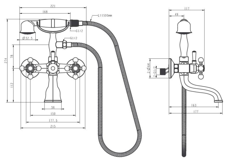 Aquanello Heritage Ascot Robinet clasic pentru cadă cu butoane în formă de stea, crom, inclusiv duș de mână CR-3002-HA