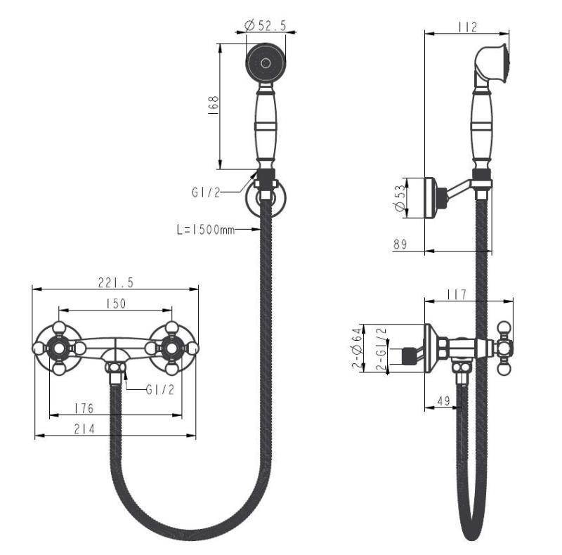 Aquanello Heritage Ascot Set clasic de robinete pentru duș cu butoane în formă de stea din oțel inoxidabil, inclusiv duș de mână NB-2002-HA