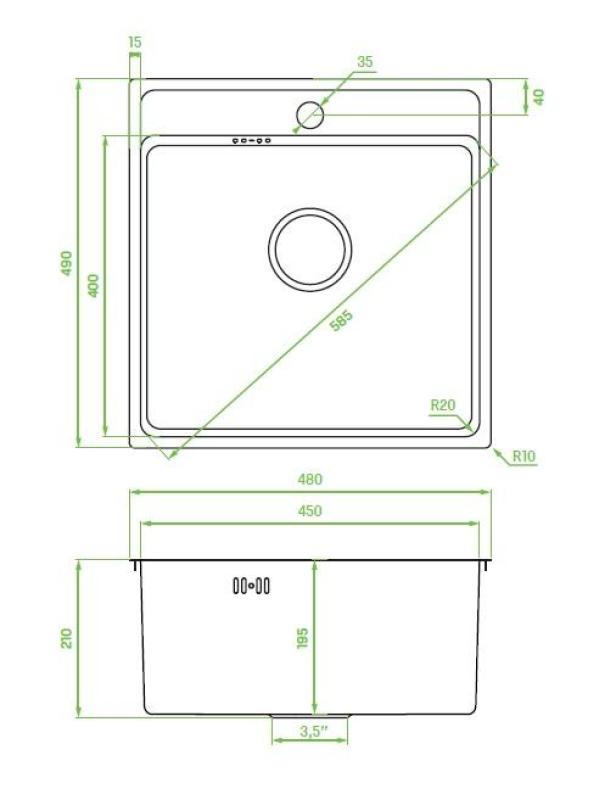Aquadesign Plana Chiuvetă din oțel inoxidabil 48x49 cm cu orificiu pentru robinet, inclusiv sifon și dop de scurgere Clickclack 1208972559