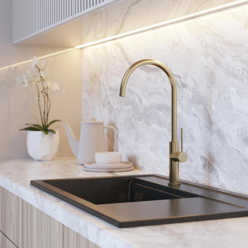 Graniteland Vira Slim Baterie de bucătărie auriu mat cu gura de scurgere pivotantă 1208972623